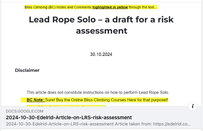 An Article on the Edelrid Article: “Lead Rope Solo – a Draft for a Risk Assessment”